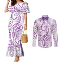 Polynesia Plumeria Lei Couples Matching Mermaid Dress and Long Sleeve Button Shirt White Violet Curves Motif LT7 Violet - Polynesian Pride