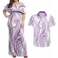 Polynesia Plumeria Lei Couples Matching Off Shoulder Maxi Dress and Hawaiian Shirt White Violet Curves Motif