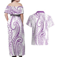 Polynesia Plumeria Lei Couples Matching Off Shoulder Maxi Dress and Hawaiian Shirt White Violet Curves Motif