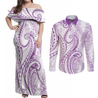 Polynesia Plumeria Lei Couples Matching Off Shoulder Maxi Dress and Long Sleeve Button Shirt White Violet Curves Motif