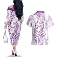 Polynesia Plumeria Lei Couples Matching Off The Shoulder Long Sleeve Dress and Hawaiian Shirt White Violet Curves Motif