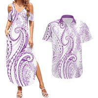 Polynesia Plumeria Lei Couples Matching Summer Maxi Dress and Hawaiian Shirt White Violet Curves Motif
