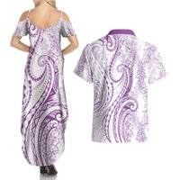 Polynesia Plumeria Lei Couples Matching Summer Maxi Dress and Hawaiian Shirt White Violet Curves Motif