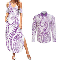 Polynesia Plumeria Lei Couples Matching Summer Maxi Dress and Long Sleeve Button Shirt White Violet Curves Motif