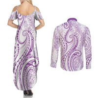 Polynesia Plumeria Lei Couples Matching Summer Maxi Dress and Long Sleeve Button Shirt White Violet Curves Motif