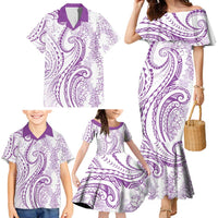 Polynesia Plumeria Lei Family Matching Mermaid Dress and Hawaiian Shirt White Violet Curves Motif