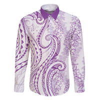 Polynesia Plumeria Lei Family Matching Off The Shoulder Long Sleeve Dress and Hawaiian Shirt White Violet Curves Motif