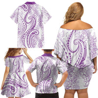 Polynesia Plumeria Lei Family Matching Off Shoulder Short Dress and Hawaiian Shirt White Violet Curves Motif