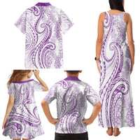 Polynesia Plumeria Lei Family Matching Tank Maxi Dress and Hawaiian Shirt White Violet Curves Motif