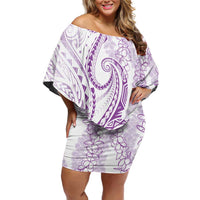 Polynesia Plumeria Lei Off Shoulder Short Dress White Violet Curves Motif