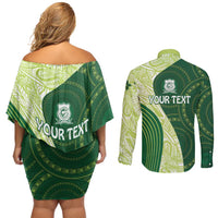 Fiji Ballantine Memorial High School Personalised Couples Matching Off Shoulder Short Dress and Long Sleeve Button Shirt Masi Tapa Mix Plumeria