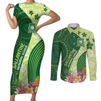 Fiji Ballantine Memorial High School Personalised Couples Matching Short Sleeve Bodycon Dress and Long Sleeve Button Shirt Masi Tapa Mix Plumeria
