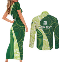 Fiji Ballantine Memorial High School Personalised Couples Matching Short Sleeve Bodycon Dress and Long Sleeve Button Shirt Masi Tapa Mix Plumeria