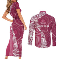 Fiji Adi Cakobau School Personalised Couples Matching Short Sleeve Bodycon Dress and Long Sleeve Button Shirt Masi Tapa Mix Plumeria