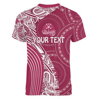 Fiji Adi Cakobau School Personalised Women V-Neck T-Shirt Masi Tapa Mix Plumeria