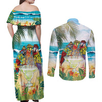 It's 5 o'clock Somewhere Couples Matching Off Shoulder Maxi Dress and Long Sleeve Button Shirt Beach Party - Polynesian Pride
