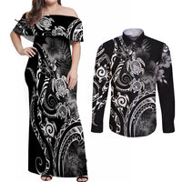 Aloha Hawaii Turtles Floral Couples Matching Off Shoulder Maxi Dress and Long Sleeve Button Shirt Obsidian Glaze LT7 Black - Polynesian Pride