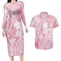 Aloha Hawaii Turtles Floral Couples Matching Long Sleeve Bodycon Dress and Hawaiian Shirt Pink Marbles Glaze