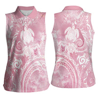 Aloha Hawaii Turtles Floral Women Sleeveless Polo Shirt Pink Marbles Glaze
