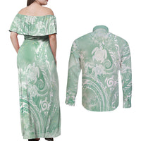 Aloha Hawaii Turtles Floral Couples Matching Off Shoulder Maxi Dress and Long Sleeve Button Shirt Seafoam Marbles Glaze