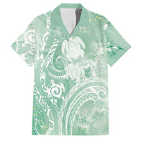 Aloha Hawaii Turtles Floral Family Matching Off The Shoulder Long Sleeve Dress and Hawaiian Shirt Seafoam Marbles Glaze