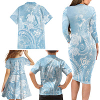 Aloha Hawaii Turtles Floral Family Matching Long Sleeve Bodycon Dress and Hawaiian Shirt Aqua Marbles Glaze