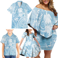 Aloha Hawaii Turtles Floral Family Matching Off Shoulder Short Dress and Hawaiian Shirt Aqua Marbles Glaze