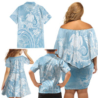 Aloha Hawaii Turtles Floral Family Matching Off Shoulder Short Dress and Hawaiian Shirt Aqua Marbles Glaze