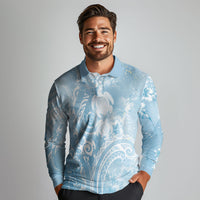Aloha Hawaii Turtles Floral Long Sleeve Polo Shirt Aqua Marbles Glaze