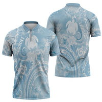 Aloha Hawaii Turtles Floral Zipper Polo Shirt Aqua Marbles Glaze
