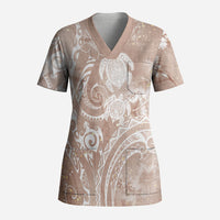 Aloha Hawaii Turtles Floral Scrub Top Taupe Marbles Glaze