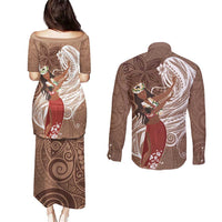 Tahiti Islands Polynesian Plumeria Couples Matching Puletasi and Long Sleeve Button Shirt Tahitian Vahine 'Ote'a - Beige LT7 - Polynesian Pride