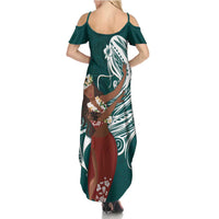Tahiti Islands Polynesian Plumeria Family Matching Summer Maxi Dress and Hawaiian Shirt Tahitian Vahine 'Ote'a - Teal
