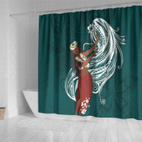 Tahiti Islands Polynesian Plumeria Shower Curtain Tahitian Vahine 'Ote'a - Teal LT7 - Polynesian Pride