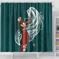 Tahiti Islands Polynesian Plumeria Shower Curtain Tahitian Vahine 'Ote'a - Teal LT7 - Polynesian Pride