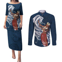 Tahiti Islands Polynesian Plumeria Couples Matching Puletasi and Long Sleeve Button Shirt Tahitian Vahine 'Ote'a - Navy Blue LT7 Blue - Polynesian Pride