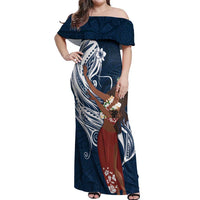 Tahiti Islands Polynesian Plumeria Off Shoulder Maxi Dress Tahitian Vahine 'Ote'a - Navy Blue LT7 Women Blue - Polynesian Pride