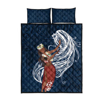 Tahiti Islands Polynesian Plumeria Quilt Bed Set Tahitian Vahine 'Ote'a - Navy Blue