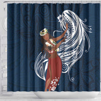 Tahiti Islands Polynesian Plumeria Shower Curtain Tahitian Vahine 'Ote'a - Navy Blue LT7 - Polynesian Pride
