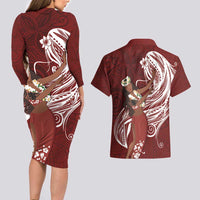 Tahiti Islands Polynesian Plumeria Couples Matching Long Sleeve Bodycon Dress and Hawaiian Shirt Tahitian Vahine 'Ote'a - Scarlet LT7 - Polynesian Pride