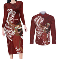 Tahiti Islands Polynesian Plumeria Couples Matching Long Sleeve Bodycon Dress and Long Sleeve Button Shirt Tahitian Vahine 'Ote'a - Scarlet LT7 Red - Polynesian Pride