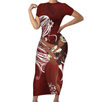 Tahiti Islands Polynesian Plumeria Family Matching Short Sleeve Bodycon Dress and Hawaiian Shirt Tahitian Vahine 'Ote'a - Scarlet