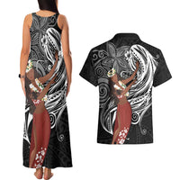 Tahiti Islands Polynesian Plumeria Couples Matching Tank Maxi Dress and Hawaiian Shirt Tahitian Vahine 'Ote'a - Black