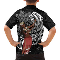 Tahiti Islands Polynesian Plumeria Family Matching Off The Shoulder Long Sleeve Dress and Hawaiian Shirt Tahitian Vahine 'Ote'a - Black