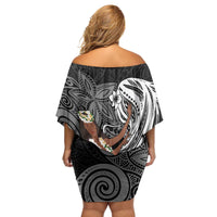 Tahiti Islands Polynesian Plumeria Family Matching Off Shoulder Short Dress and Hawaiian Shirt Tahitian Vahine 'Ote'a - Black