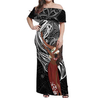 Tahiti Islands Polynesian Plumeria Off Shoulder Maxi Dress Tahitian Vahine 'Ote'a - Black LT7 Women Black - Polynesian Pride