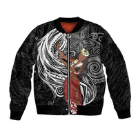 Tahiti Islands Polynesian Plumeria Sleeve Zip Bomber Jacket Tahitian Vahine 'Ote'a - Black