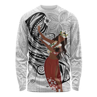 Tahiti Islands Polynesian Plumeria Long Sleeve Shirt Tahitian Vahine 'Ote'a - White