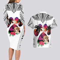 Polynesian Couples Matching Long Sleeve Bodycon Dress and Hawaiian Shirt Dog Lover With Beagle - Sunset At The Beach White Ver LT7 - Polynesian Pride