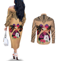 Polynesian Couples Matching Off The Shoulder Long Sleeve Dress and Long Sleeve Button Shirts Dog Lover With Samoyed - Sunset At The Beach LT7 - Polynesian Pride